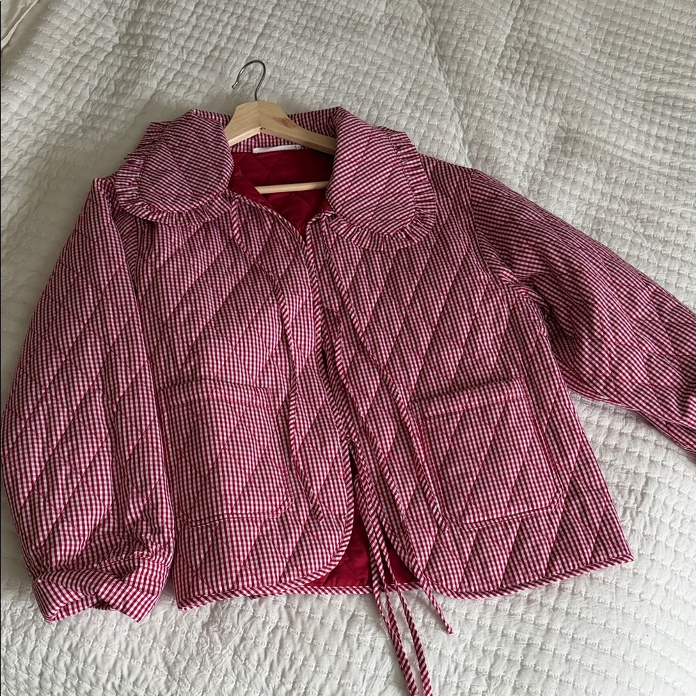 Red Gingham Peterson Collar Tie Quilted Jacket